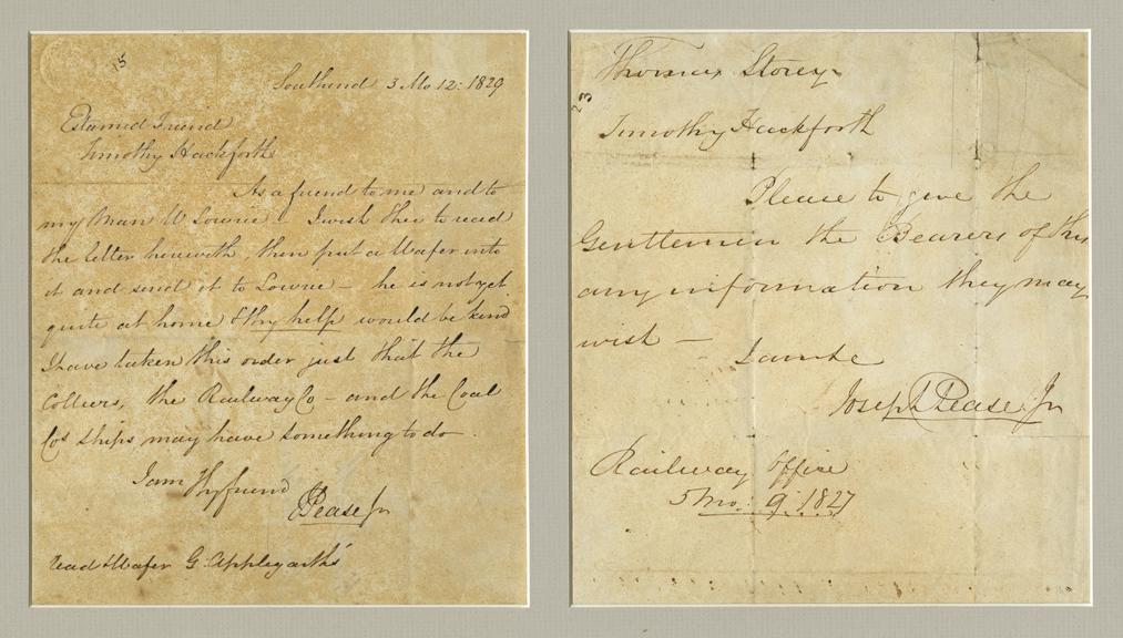 Letter from Joseph Pease, Railway Office to Timothy Hackworth