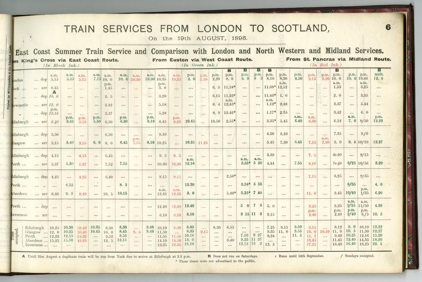 Train Service between London & Scotland 1st July 1895 to 31st December 1896