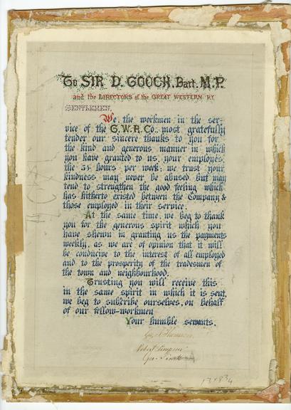 Illuminated address, to Sir Daniel Gooch Bart, MP