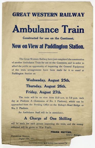 Notice, Great Western Railway Ambulance Train, 1915