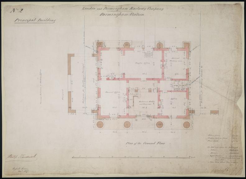 Drawing of Curzon Street Station, Birmingham (London & Birmingham Railway), showing ground floor plan of the principal building, by signed Philip Hardwick, Grissell and Peto