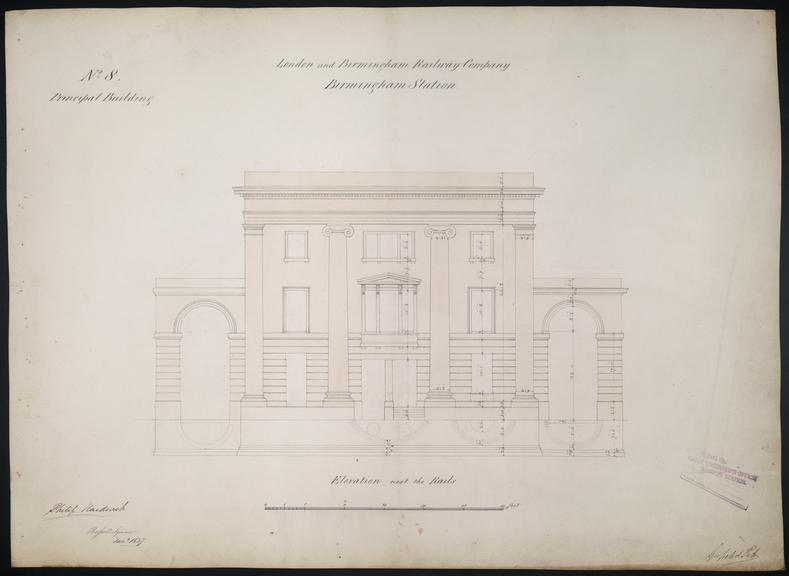 Drawing of Curzon Street Station, Birmingham (London & Birmingham Railway), showing elevation of principal building next to rail, signed by Philip Hardwick of Grissell and Peto