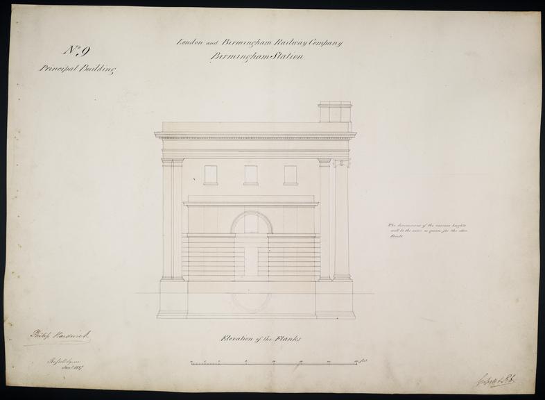 Drawing of Curzon Street Station, Birmingham (London & Birmingham Railway), showing elevation of the flanks of the building, signed by Philip Hardwick of Grissell and Peto