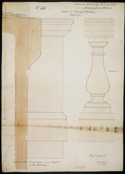 Drawing of Curzon Street Station, Birmingham (London & Birmingham Railway), showing section of string course, profile of the balcony and profile of a baluster, signed by Philip Hardwick, Grissell and Peto