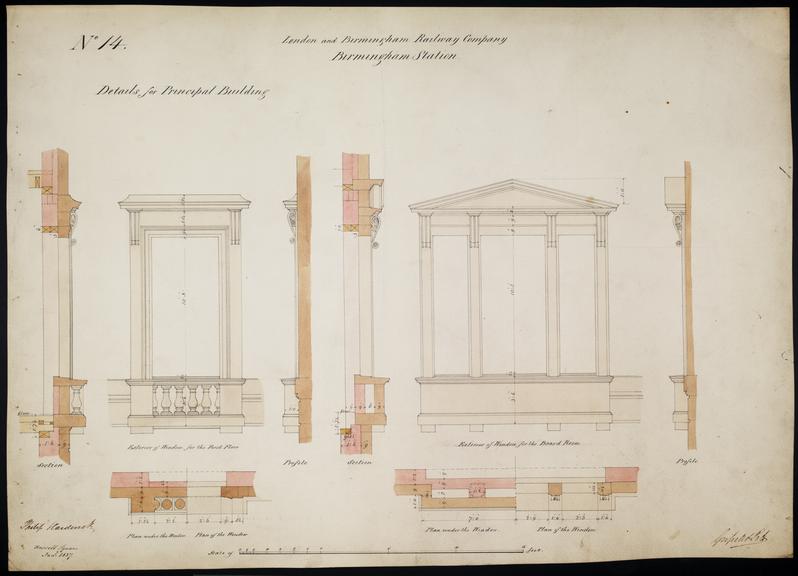 Drawing of Curzon Street Station, Birmingham (London & Birmingham Railway), showing exterior of the principal building's first floor and board room windows, giving section, profile and plan of each one, signed by Philip Hardwick, Grissell and Peto