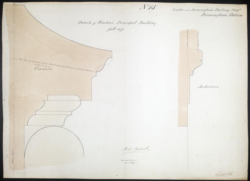 Drawing of Curzon Street Station, Birmingham (London & Birmingham Railway), showing section of the principal building's cornice and architrave, signed by Philip Hardwick, Grissell and Peto