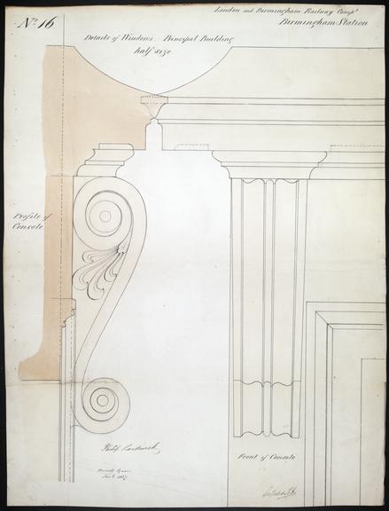 Drawing of Curzon Street Station, Birmingham (London & Birmingham Railway), showing principal building's profile and front elevation of console, signed by Philip Hardwick, Grissell and Peto