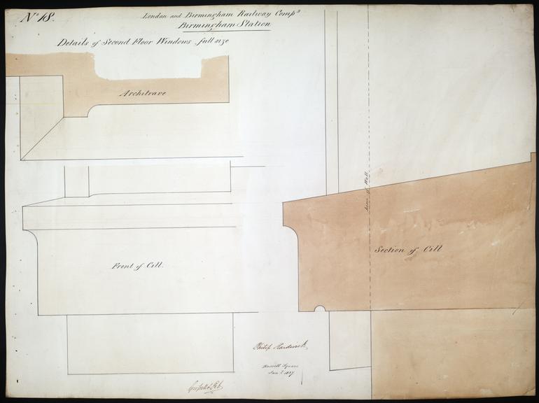 Drawing of Curzon Street Station, Birmingham (London & Birmingham Railway), showing details of the principal building's second floor windows with plan, section and front elevation of sills, signed by Philip Hardwick, Grissell and Peto