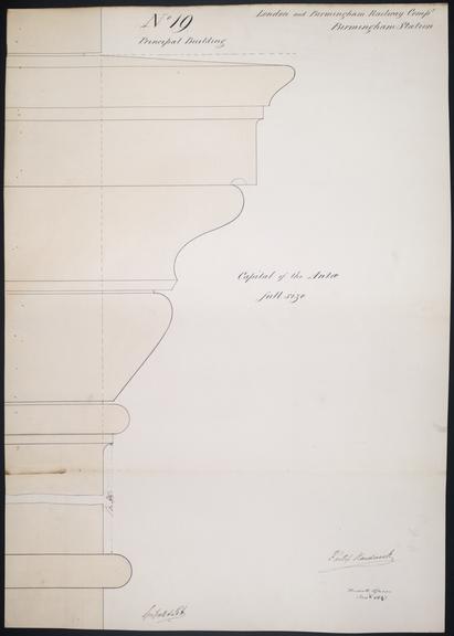 Drawing of Curzon Street Station, Birmingham (London & Birmingham Railway), showing details of capital in the principal building, signed by Philip Hardwick, Grissell and Peto