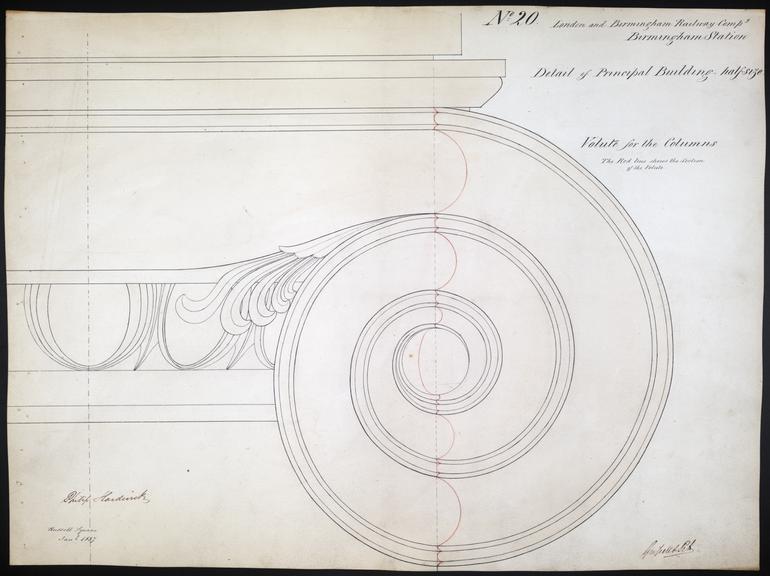 Drawing of Curzon Street Station, Birmingham (London & Birmingham Railway), showing details of volute for the columns with section on the principal building, signed by Philip Hardwick, Grissell and Peto