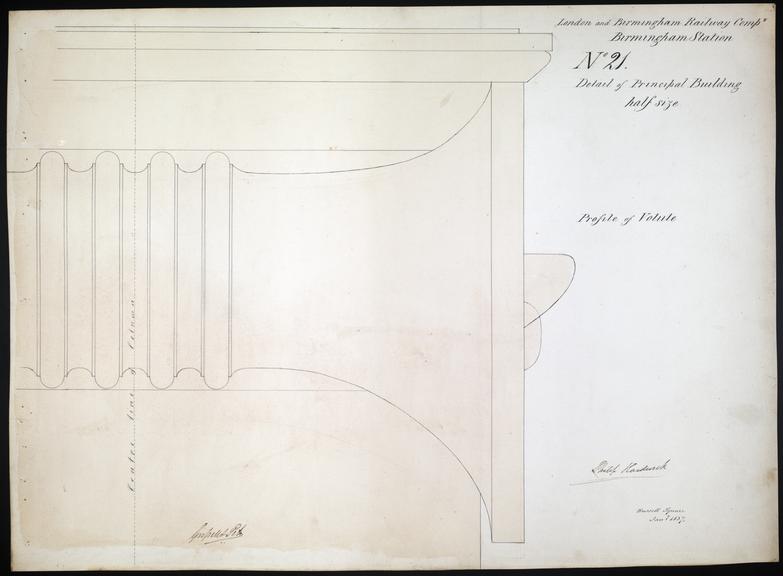 Drawing of Curzon Street Station, Birmingham (London & Birmingham Railway), showing profile of a volute on the principal building, signed by Philip Hardwick, Grissell and Peto