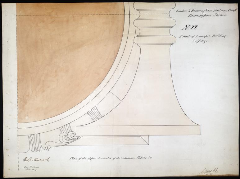 Drawing of Curzon Street Station, Birmingham (London & Birmingham Railway), showing plan of upper diameter of columns, approx. 1/4 of total surface represented, signed by Philip Hardwick, Grissell and Peto