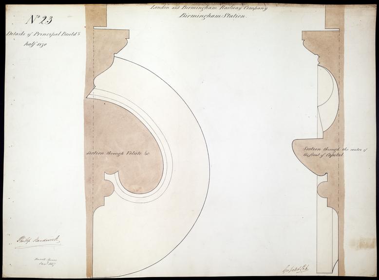 Drawing of Curzon Street Station, Birmingham (London & Birmingham Railway), showing two sectional drawings; section of volute and section through centre of capital in the principal building, signed by Philip Hardwick, Grissell and Peto