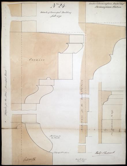 Drawing of Curzon Street Station, Birmingham (London & Birmingham Railway), showing details of attic, principal front, and architecture for the entablature, the first includes a section of a cornice and the second includes a section of the architrave, signed by Philip Hardwick, Grissell and Peto