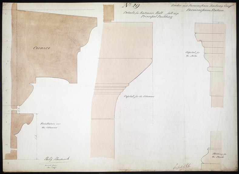 Drawing of Curzon Street Station, Birmingham (London & Birmingham Railway), showing section of cornice, entablature over the columns, capitals and mouldings for the plinths, signed by Philip Hardwick, Grissell and Peto