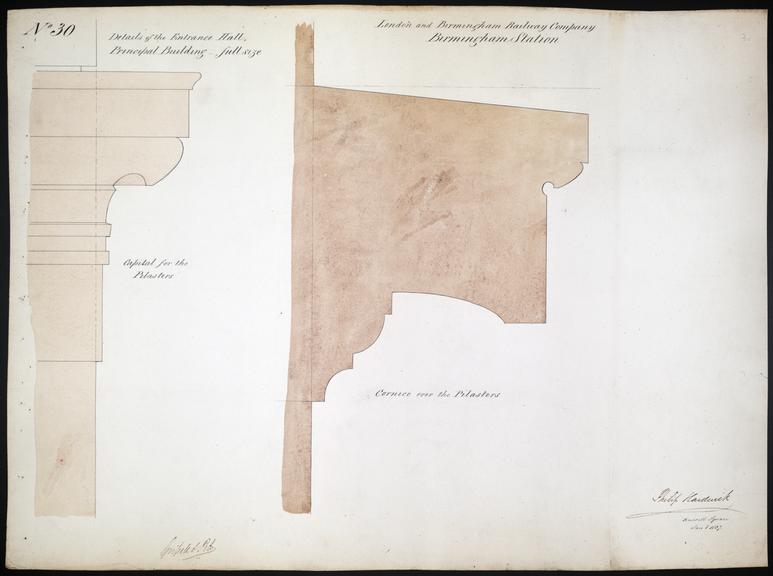 Drawing of Curzon Street Station, Birmingham (London & Birmingham Railway), showing details of the entrance to the principal building in a sectional drawing for the pilasters and cornice above signed by Philip Hardwick, Grissell and Peto