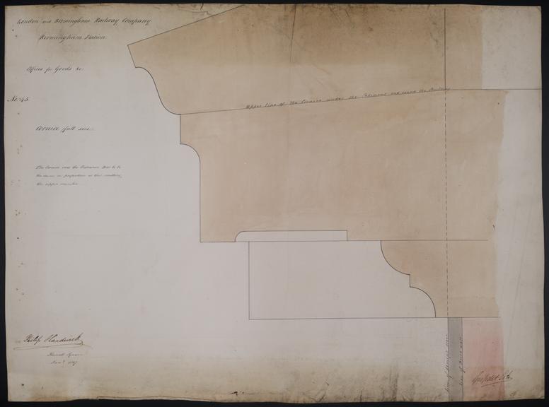 Drawing of Curzon Street Station, Birmingham (London & Birmingham Railway), showing full scale elevation of the cornice over the entrance door of the Offices of Goods, signed by Philip Hardwick, Grissell and Peto