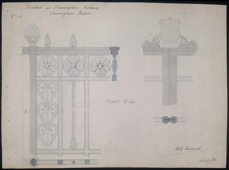 Drawing of Curzon Street Station, Birmingham (London & Birmingham Railway), showing detail of iron gates, signed by Philip Hardwick, Grissell and Peto