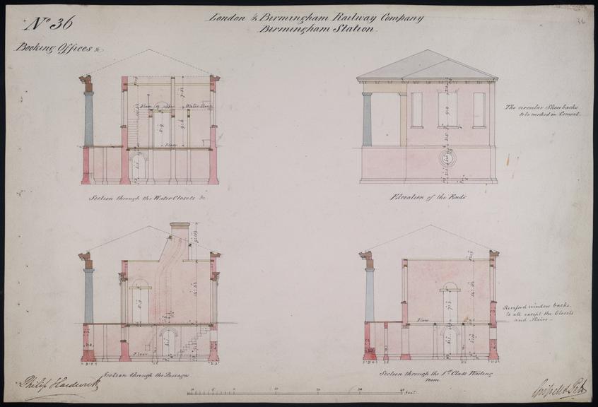 Drawing of Curzon Street Station, Birmingham (London & Birmingham Railway), showing side elevation of booking office with sectional drawings through water closets, passages and first class waiting room, signed by Philip Hardwick, Grissell and Peto.