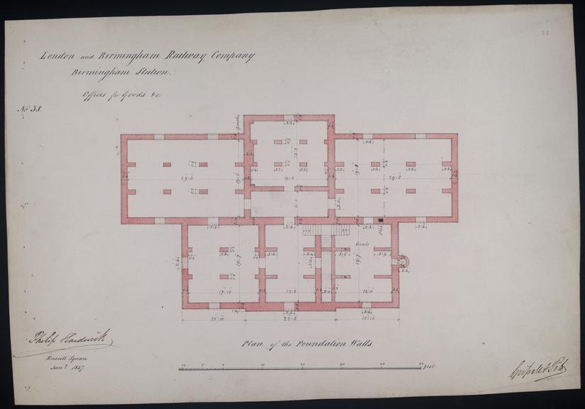 Drawing of Curzon Street Station, Birmingham (London & Birmingham Railway), showing plan of foundation walls for goods offices, signed by Philip Hardwick, Grissell and Peto