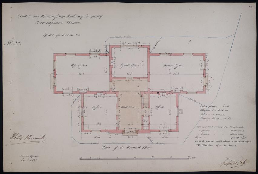 Drawing of Curzon Street Station, Birmingham (London & Birmingham Railway), showing plan of the ground floor of the offices for goods with key, signed by Philip Hardwick, Grissell and Peto