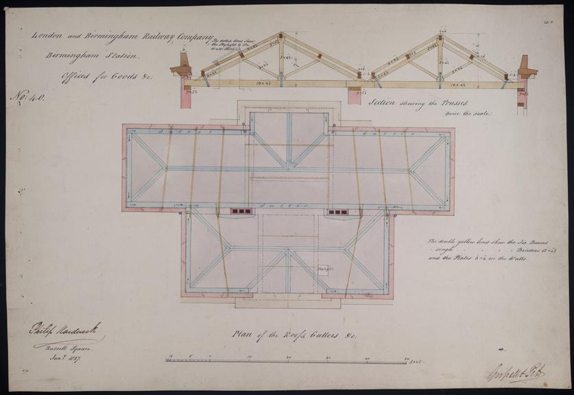 Drawing of Curzon Street Station, Birmingham (London & Birmingham Railway), showing plan of roofs and gutters of offices for goods, signed by Philip Hardwick, Grissell and Peto