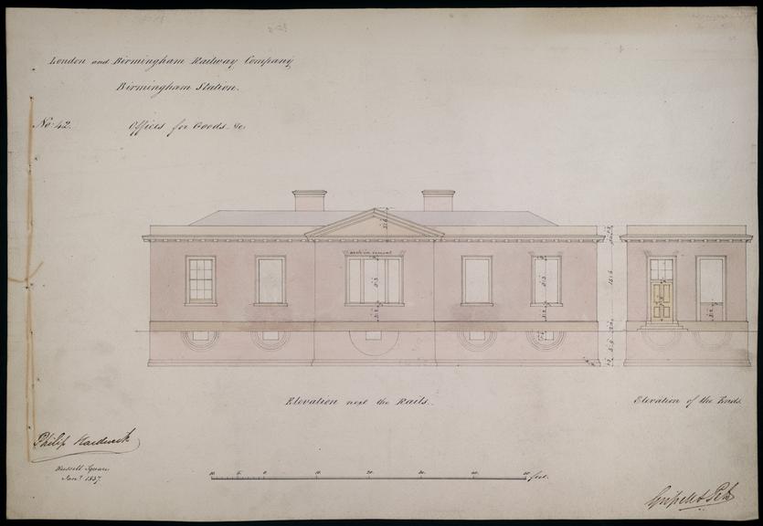 Drawing of Curzon Street Station, Birmingham (London & Birmingham Railway), showing elevation of Offices for Goods next to the rails and elevation of the ends, signed by Philip Hardwick, Grissell and Peto