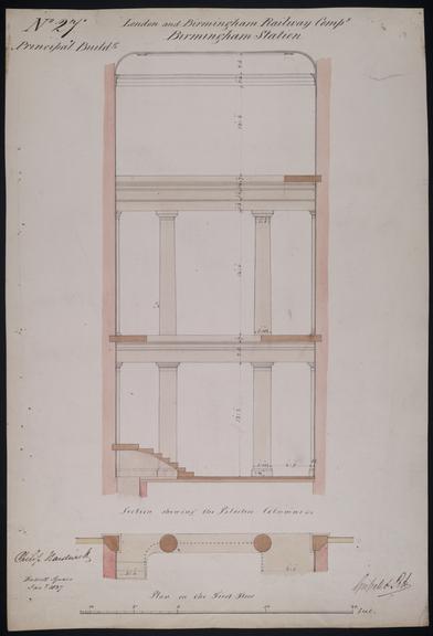 Drawing of Curzon Street Station, Birmingham (London & Birmingham Railway), showing section of principal building showing pilasters and columns along with a plan of the same area on first floor, signed by Philip Hardwick, Grissell and Peto