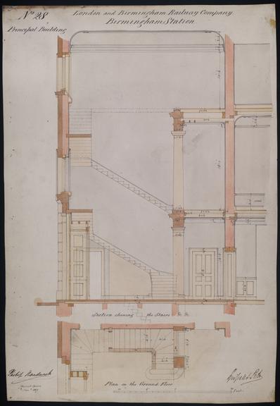 Drawing of Curzon Street Station, Birmingham (London & Birmingham Railway), showing section of stairs and plan of stairs on the ground floor, signed by Philip Hardwick, Grissell and Peto