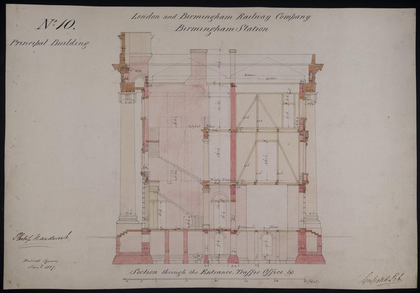 Drawing of Curzon Street Station, Birmingham (London & Birmingham Railway), showing section through Entrance and traffic office, signed by Philip Hardwick, Grissell and Peto