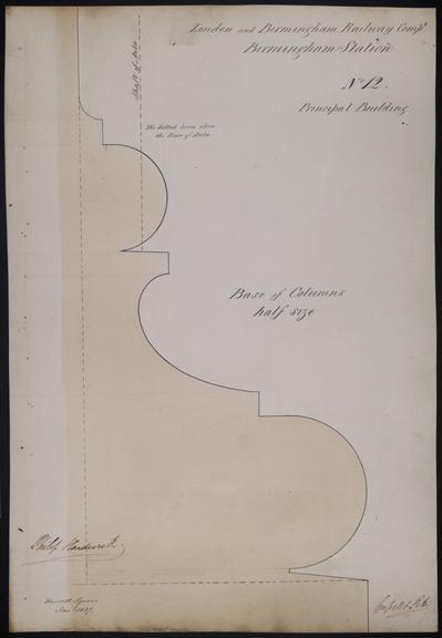 Drawing of Curzon Street Station, Birmingham (London & Birmingham Railway), showing  section of the base of the principal building's columns, signed by Philip Hardwick, Grissell and Peto