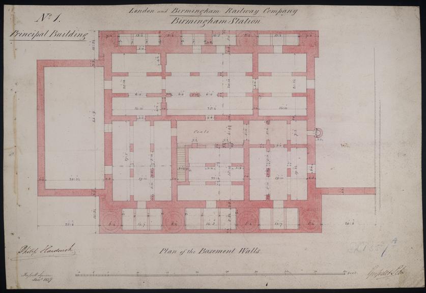 Drawing of Curzon Street Station, Birmingham (London & Birmingham Railway), showing plan of the basement walls of the principal building, signed by Philip Hardwick, Grissell and Peto