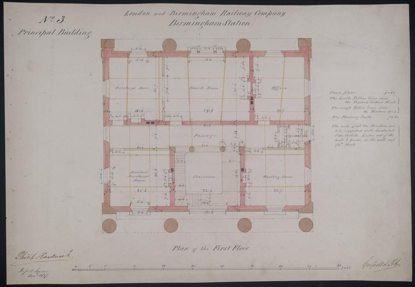 Drawing of Curzon Street Station, Birmingham (London & Birmingham Railway), showing first floor plan of the principal building showing secretary's room, board room, offices, assistant secretary's room, and waiting room, signed by Philip Hardwick, Grissell and Peto