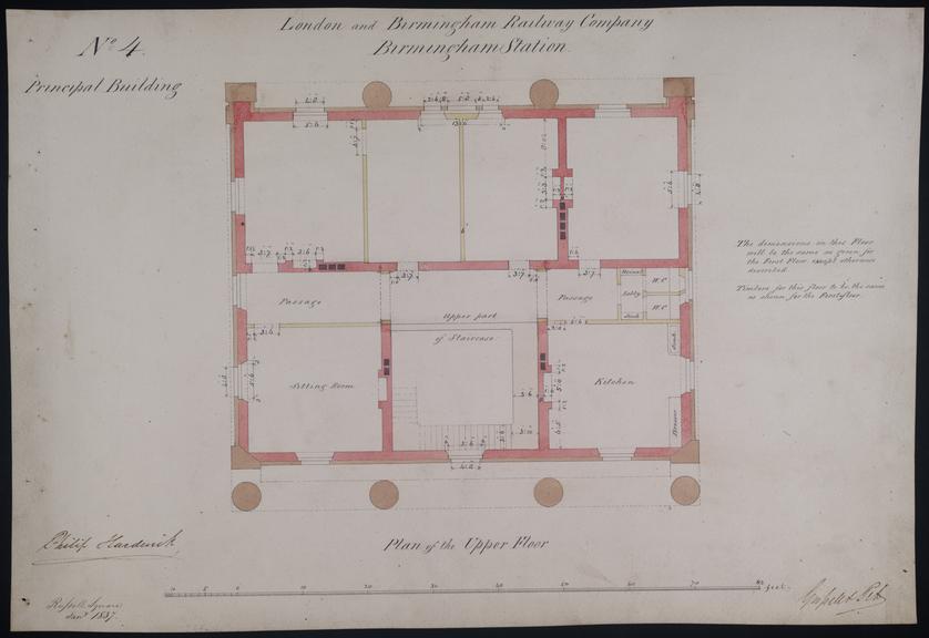 Drawing of Curzon Street Station, Birmingham (London & Birmingham Railway), showing plan that gives layout of the principal building's upper floor with sitting room and kitchen, signed by Philip Hardwick, Grissell and Peto