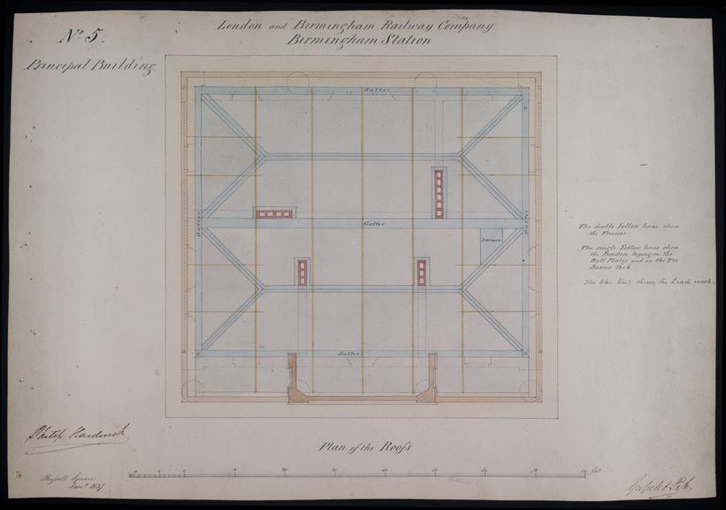 Drawing of Curzon Street Station, Birmingham (London & Birmingham Railway), showing details of roof including gutters, binders, trusses and lead work, signed by Philip Hardwick