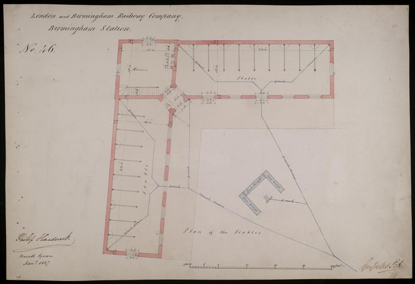 Drawing of Curzon Street Station, Birmingham (London & Birmingham Railway), showing plan of Birmingham Station's stables, signed by Philip Hardwick, Grissell and Peto