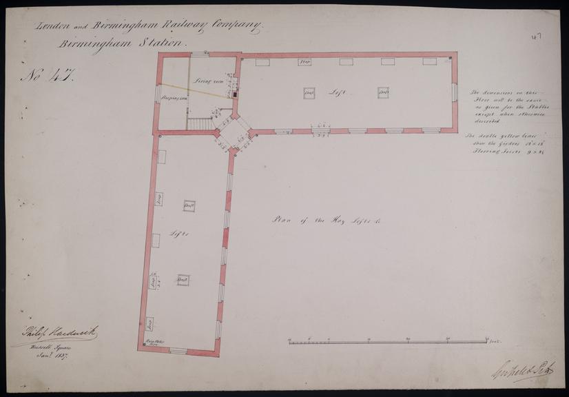 Drawing of Curzon Street Station, Birmingham (London & Birmingham Railway) showing plan of Birmingham Station's haylofts, signed by Philip Hardwick, Grissell and Peto