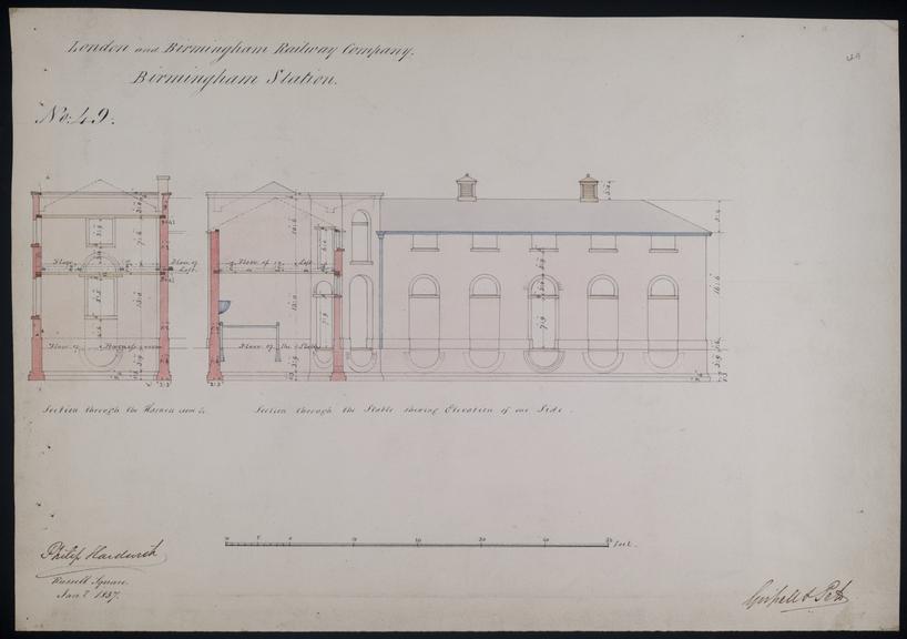 Drawing of Curzon Street Station, Birmingham (London & Birmingham Railway), showing section through Birmingham Station's stables with side elevation and section through harness room, signed by Philip Hardwick, Grissell and Peto