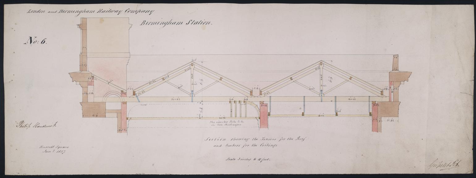 Drawing of Curzon Street Station, Birmingham (London & Birmingham Railway), showing section of trusses for the roof and ceiling timbers, signed by Philip Hardwick, Grissell and Peto