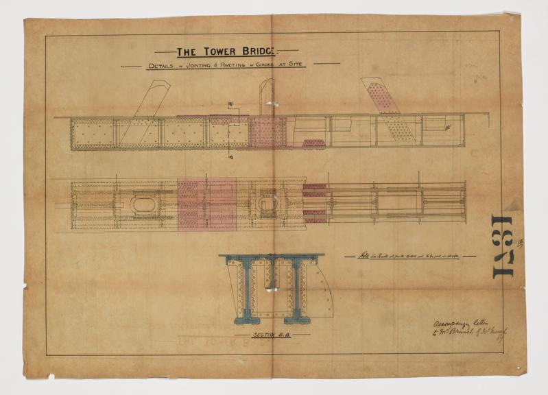 Engineering plan for Tower Bridge showing Details of jointing and riveting of girders at site