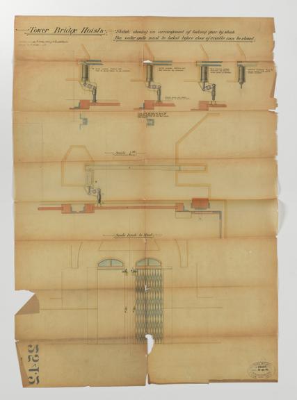 Sketch of Tower Bridge Hoists showing arrangement of locking gear by which the outer gate must be locked before door of cradle can be closed