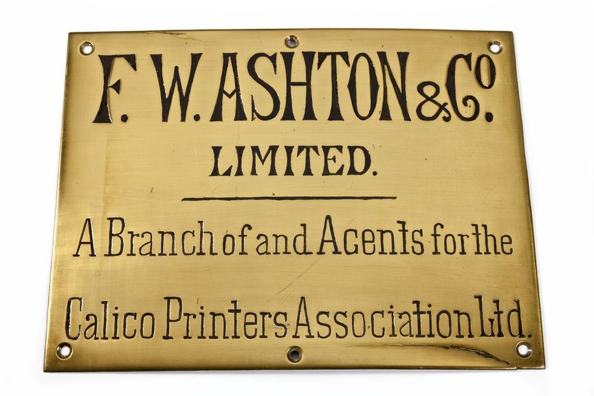 Brass sign, F.W Ashton & Co.