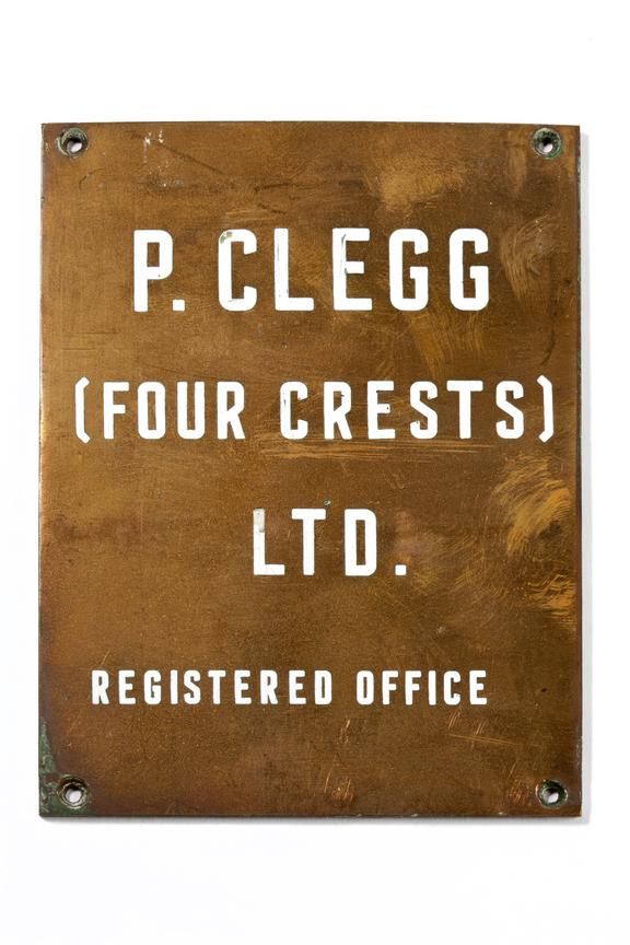 Brass name plate, marked 'P. Clegg (FOUR CRESTS) Ltd