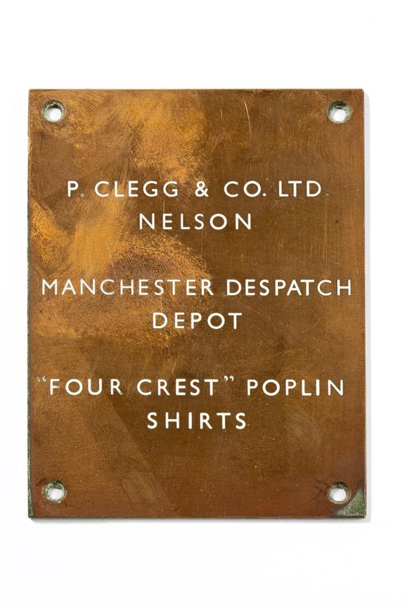 Small brass name plate. Marked 'P Clegg & Co. Ltd, Nelson