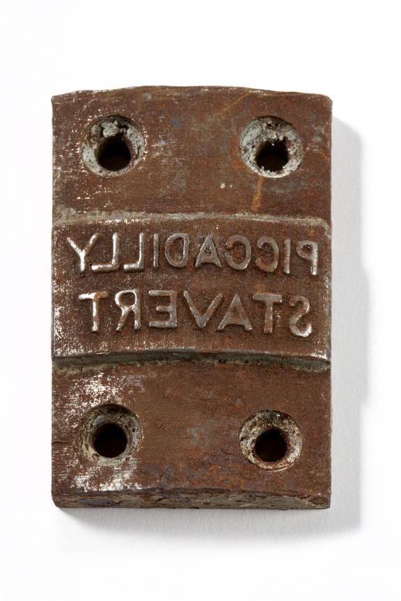 Small rectangular textile printing plate; marked 'PICCADILLY