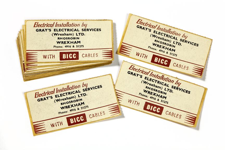 Business name labels for R Gray Electrical Service, about 1980.