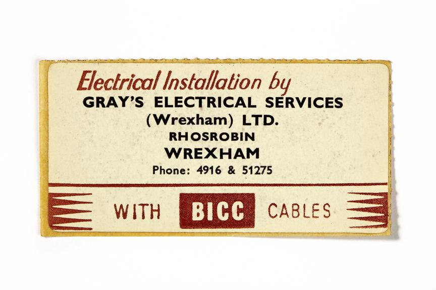 Business name labels for R Gray Electrical Service, about 1980.
