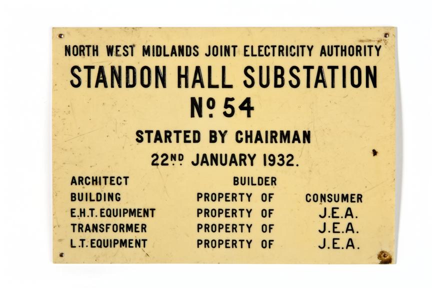 Plaque commemorating opening of Standon Hall Substation