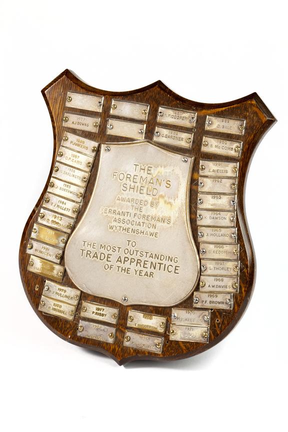 Ferranti first foreman's shield photographed on a white