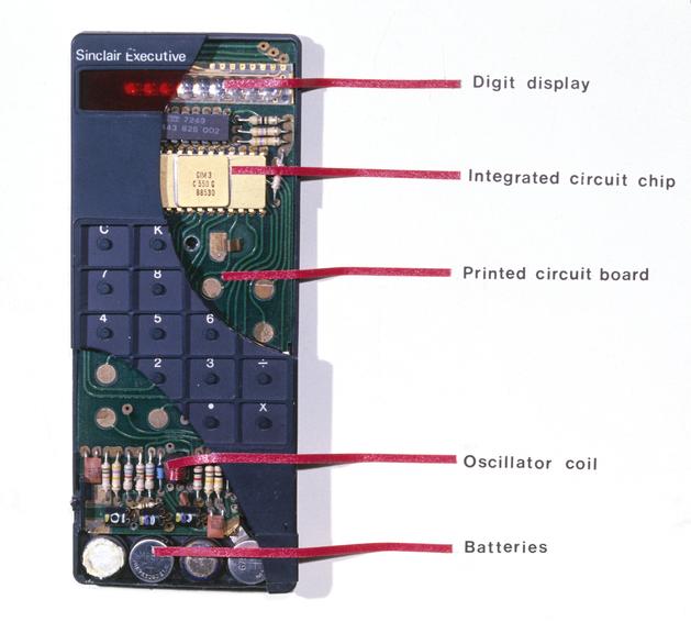 A sectioned Sinclair Executive pocket calculator, 1972. (electronic calculators)